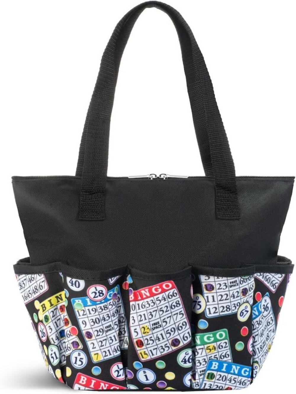 Stylish Black Pattern Tote Bag with 10 Pockets for Bingo Daubers & Accessories